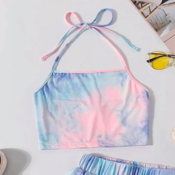 Tie Dye Pink and Blue Halter Crop Top - Picture 2 of 4